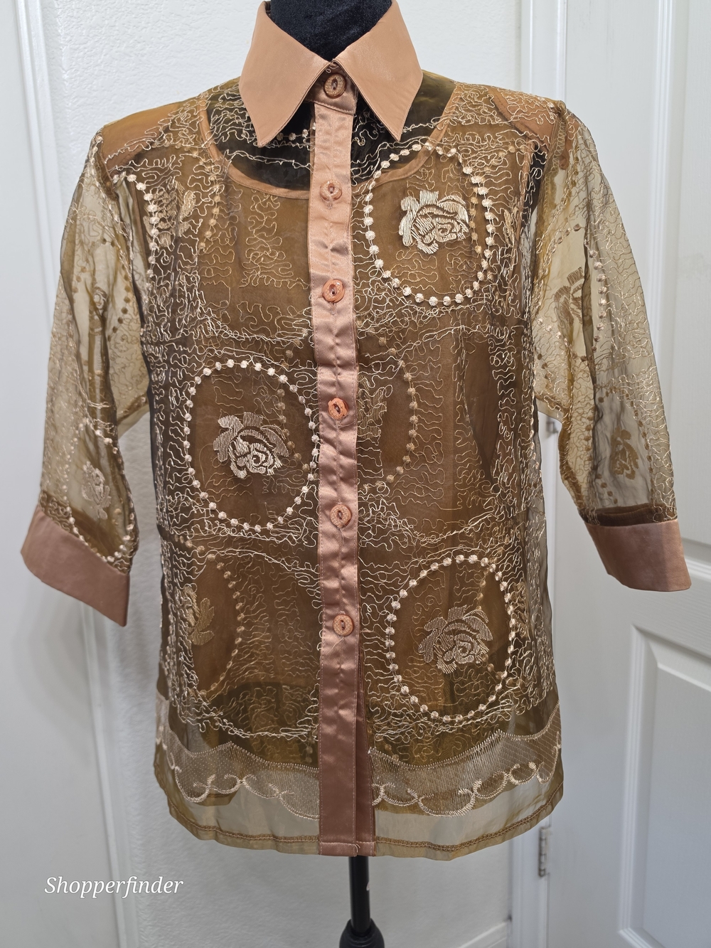 Vintage Member Ladies High Fashion Sheer Embroidered Blouse, Brown Gold XL